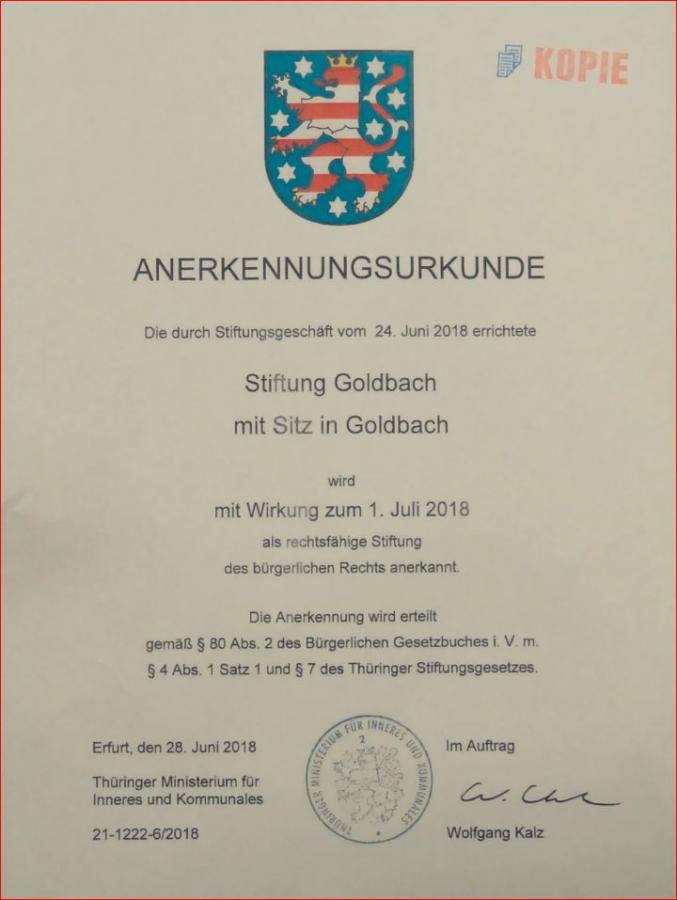 Urkunde Stiftung Goldbach