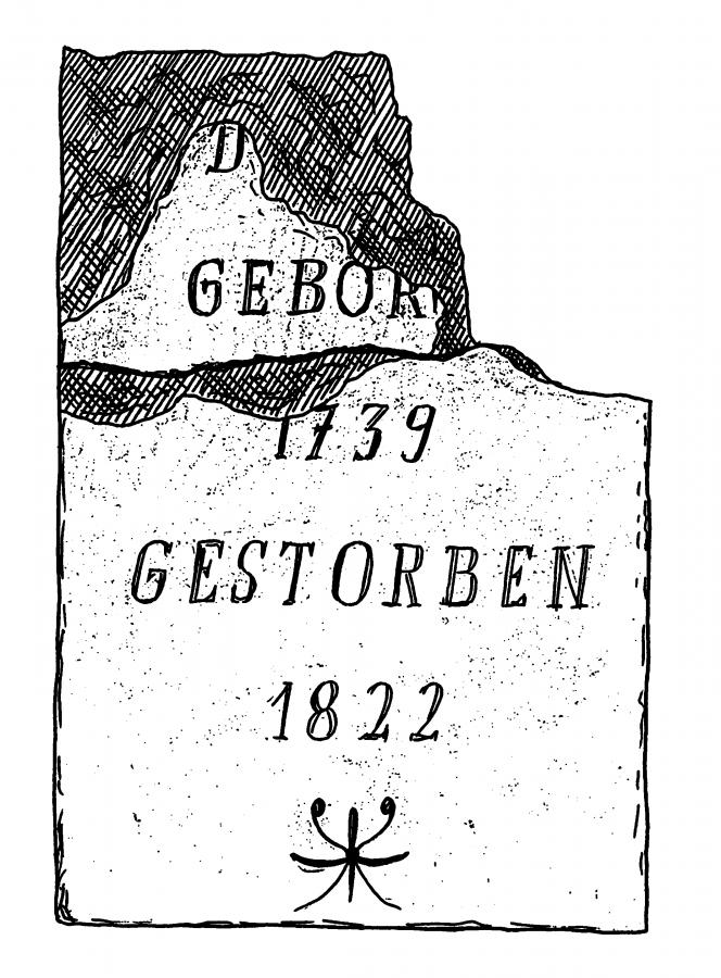 Zeichnung einer zerbrochenen Grabplatte, welche 1960 bei Ausgrabungen auf dem einstigen Schulhof gefunden wurde.