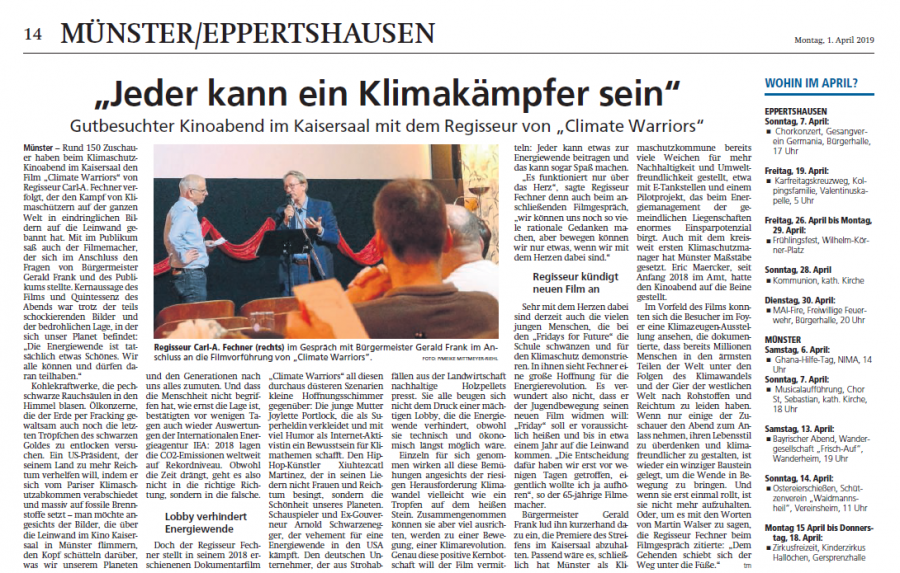 Jeder kann ein Klimakämpfer sein- Artikel vom Kinoevent am 27.03.2019 in der Offenbach-Post vom 01.04.2019
