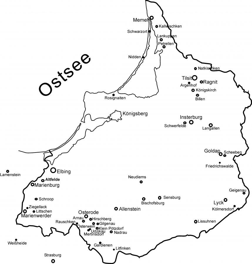 Karte von Ostpreußen mit den aufgeführten Orten