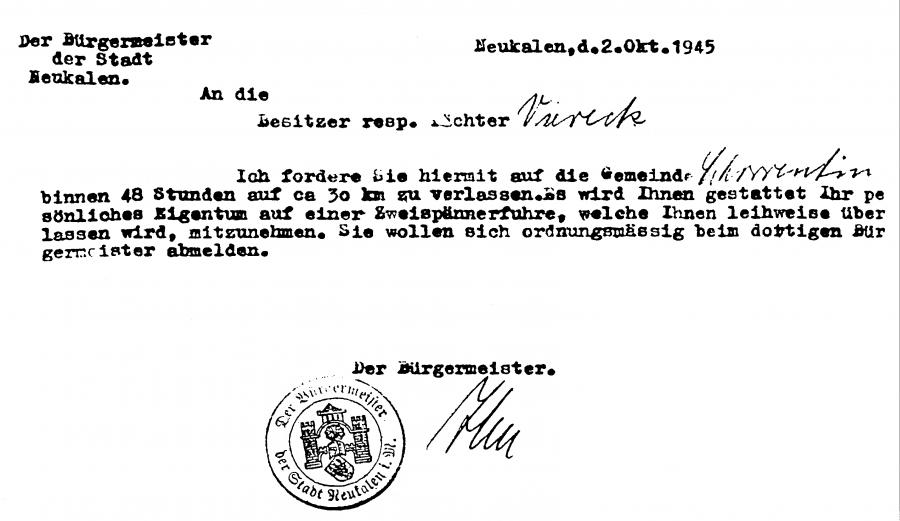 Schreiben des Bürgermeisters Hermann Iben in Neukalen