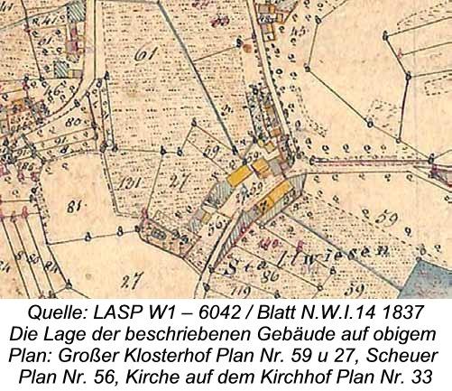 Quelle: LASP W1 – 6042 / Blatt N.W.I.14 1837 Die Lage der beschriebenen Gebäude auf obenstehensdem Plan: Großer Klosterhof Plan Nr. 59 u 27, Scheuer Plan Nr. 56, Kirche auf dem Kirchhof Plan Nr. 33