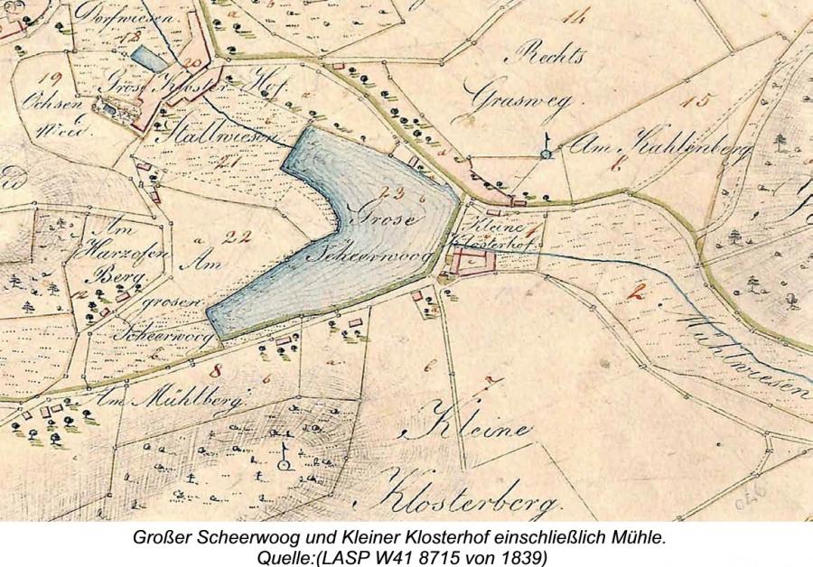 Großer Scheerwoog und Kleiner Klosterhof einschließlich Mühle. Quelle:(LASP W41 8715 von 1839)