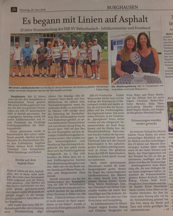 Zeitungsartikel anlässlich 25 Jahre Tennisabteilung des DJK-SV Raitenaslach