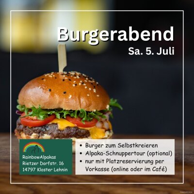 Veranstaltung: Burgerabend auf dem Alpakahof in Rietz Sa 05. 07. 2025