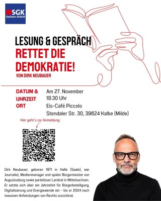 Veranstaltung: &bdquo;Rettet die Demokratie&ldquo; &ndash; Lesung & Gespr&auml;ch; Diskussion mit Dirk Neubauer Do 27.​11.​2025