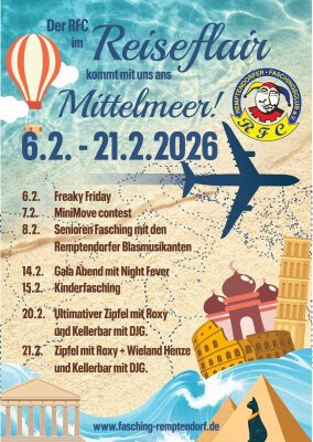 Es ist wieder Narrenzeit.🎭✈️ Der RFC hebt ab – Reiseflair trifft Fasching 2026! ✈️🎭�Der Remptendorfer Faschingsclub nimmt euch vom 6. bis 21. Februar 2026 mit auf eine närrische Reise rund ums Mittelmeer – mit Partys, Musik, Tanz und ganz viel guter Laune im Vereinshaus Remptendorf!✨ Das erwartet euch:🔥 06.02. – Freaky FridayPartylaune auf 2 Floors, Urlaubsbeats und beste Stimmung – der perfekte Start in unsere Faschingsreise!🎺 08.02. – SeniorenfaschingGemütlich, musikalisch und traditionell mit den Remptendorfer Blasmusikanten.✨ 14.02. – Gala-AbendEleganter Fasching mit Night Fever – feiern, tanzen und genießen.🎈 15.02. – KinderfaschingSpaß, Spiele und bunte Kostüme für unsere kleinen Gäste.🎉 20. &amp; 21.02. – Der große ZipfelDer ultimative Faschingsabschluss mit Roxy, Wieland Henze und Kellerbar mit DJG!📍 Ort: Vereinshaus Remptendorf🌐 Mehr Infos: www.fasching-remptendorf.de👉 Ob Partyfan, Familie, Tanzgruppe oder Faschingsliebhaber – kommt mit uns auf Reisen und feiert Fasching, wie er sein soll!