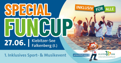 Veranstaltungsbanner für den „Special FUNCup" am 27. Juni am Kiebitzer-See in Falkenberg (E.). Der Schriftzug „Special" ist in Orange, „FUNCup" in Grün und Dunkelblau gehalten. Im Hintergrund sitzen mehrere junge Menschen von hinten fotografiert am Strand und recken die Arme in die Luft, daneben ist ein Rollstuhl zu sehen. Oben rechts steht „Inklusiv für alle" in bunten Etiketten. Unten links: „1. Inklusives Sport- & Musikevent". Unten rechts: „präsentiert von: Elsterwerk Unternehmensverbund" mit einer Maskottchen-Figur.