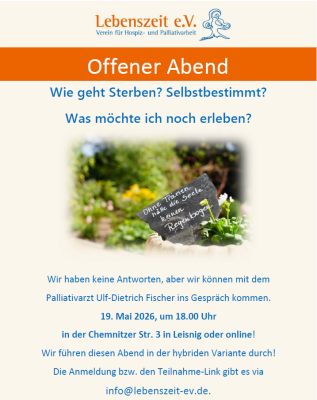 Da diese Plätze meist heiß begehrt und begrenzt sind, führen wir dieses Mal den Abend in der hybriden Variante durch.Das heißt, dass wir parallel dazu Online-Plätze ermöglichen – also ganz entspannt von zuhause aus.Die Anmeldung ist wie immer über info@lebenszeit-ev.de möglich. Die Online-Teilnehmenden erhalten am 18.05. einen Link zur Teilnahme. (Bild vergr&ouml;&szlig;ern)