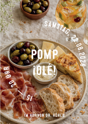 Tapasteller mit Brot, Sangria con Cava, Olivenschale, Datum und Titel der Veranstaltung (Barrierefrei), 22.08.2026, 15 bis 20 Uhr, im Hof bei DR. HÖHL’S