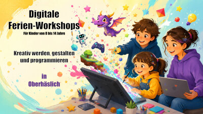 Das Bild zeigt fröhliche Kinder bei einem digitalen Ferien-Workshop. Gemeinsam arbeiten sie an einem großen Grafiktablett und einem Laptop. Aus dem Bildschirm entstehen bunte Ideen: ein kleiner Drache, ein freundlicher Roboter, Spiel-Elemente, Sterne, Formen und viele Farbspritzer. Das Bild steht für kreatives Gestalten, Programmieren, eigene digitale Figuren, Spiele und Geschichten in den Sommerferien. Links im Bild steht der Hinweis: „Digitale Ferien-Workshops – Für Kinder von 8 bis 14 Jahre – Kreativ werden, gestalten und programmieren – in Oberhäslich“.