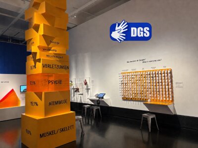 Das Bild zeigt einen Ausstellungsraum mit einer großen Säule aus beschrifteten Holzklötzen. Auf den Kötzen sind verschiedene psychische Krankheitsgruppen und ihre Häufigkeit in Prozentangabe dargestellt. Rechts an der Wand befindet sich eine interaktive Station mit der Frage "Was bereitet dir Sorgen?". In der rechten oberen Ecke ist das Piktogramm der Deutschen Gebärdensprache. (Bild vergr&ouml;&szlig;ern)