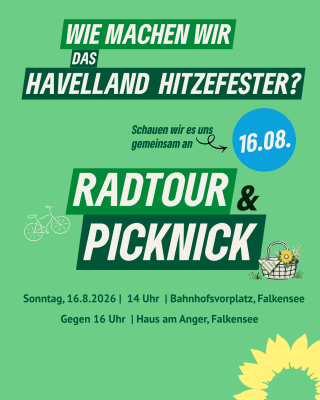 Einladug zu Radtour mit Picknick im Anschluss. Start am Bahnhofsvorplatz Falkensee um 14:00 Uhr. Ende gegen 16:30 Uhr nähe Haus am Anger. (Bild vergr&ouml;&szlig;ern)