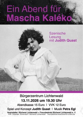 Veranstaltungsplakat für die szenische Lesung mit Musik: Ein Abend für Mascha Kaléko