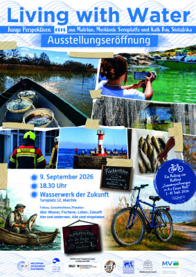 Bürgermeister Axel Müller eröffnet die Ausstellung „Living with Water – Malchin–Kalk Bay“Junge Menschen aus der Mecklenburgischen Seenplatte und aus Kalk Bay in Südafrika erzählen in Fotografien und Geschichten vom Leben mit dem Wasser, von Fischerei und den Folgen des Klimawandels.Begleitet wird die Eröffnung vom Figurentheater ErnstHeiter mit „De Fischer un sin Fru“, Aalbrötchen vom lokalen Fischer und der Ausstellung „Wir zeigen Gesicht. Für ein weltoffenes MV“.Alle sind herzlich eingeladen! Eintritt frei.