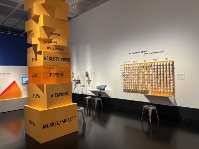 Auf dem Bild sieht man eine Ausstellung in einem Museum. Links stehen große orangene Blöcke mit verschiedenen  Themen über den Körper. Im Hintergrund befinden sich Medienstationen. (Bild vergr&ouml;&szlig;ern)