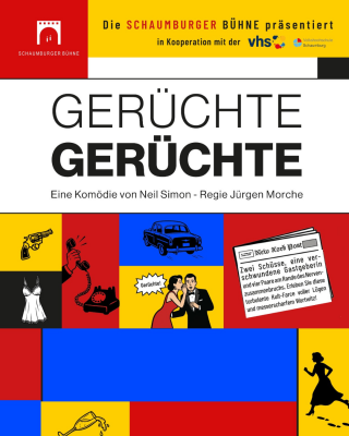 Auf dem Plakat sieht man verschiedene Gegenstände und Menschen, die unmittelbar mit dem Stück verbunden sind. Alle sind mit unterschiedlichen Farben hinterlegt: Revolver, tuschelndes Ehepaar, flüchtende Frau und Sektglas auf gelben Hintergrund, Telefon, Zeitung auf rotem Hintergrund, Auto auf blauem und Negligé auf schwarzem Hintergrund
