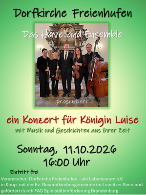 Seit vielen Jahren steht das Havelland Ensemble für auserlesene Konzertveranstaltungen mit klassischer Musik verbunden mit kleinen interessanten Histörchen. Mehrfach durften wir die Musiker und ihren Moderator Dr. Böhm in unserer Dorfkirche zuhören und von ihrem Programm begeistern lassen. (Bild vergr&ouml;&szlig;ern)