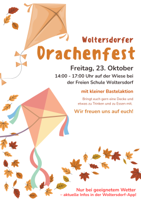 Das Bild ist ein herbstlich gestalteter Flyer mit zwei bunten Drachen und vielen orangefarbenen, roten und gelben Blättern. Die warmen Farben passen zur Jahreszeit und vermitteln eine gemütliche, fröhliche Stimmung. Auf der rechten Seite stehen die wichtigsten Informationen zum Fest, während die Drachen und Blätter das Bild dekorativ umrahmen.