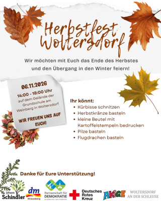 Die Bilder zeigen einen herbstlich gestalteten Flyer mit bunten Blättern und einem Waldmotiv in warmen Braun-, Orange- und Rottönen. Die Gestaltung vermittelt eine gemütliche, herbstliche Atmosphäre und macht Lust auf das gemeinsame Basteln.