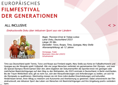 Timo aus Deutschland spielt Tennis, Toivo und Roope aus Finnland segeln, Mary Stella aus Kenia ist Fußballtorhüterin und Uyangaa aus der Mongolei spielt Volleyball. Alle vier junge Menschen verbindet ein gemeinsames Ziel: Olympia - und zwar die Special Olympics World Games! Über drei Jahre begleitet der Dokumentarfilm die Sportler:innen mit geistigen oder mehrfachen Beeinträchtigungen auf dem Weg zu den Weltspielen, die 2023 erstmals in Deutschland, in Berlin stattfanden. Bis der Traum Wirklichkeit wird, gilt es nicht nur, sich den Herausforderungen und Anforderungen zu stellen, um sich für die Olympiade zu qualifizieren. Gleichzeitig müssen sie mit ihren indivi-duellen Einschränkungen und kulturellen Hindernissen lernen, ihren Alltag zu meistern und Autonomie und Anerkennung zu gewinnen. Dabei unterstreicht der Film eindrucksvoll, wie inklusiver Sport das Leben von Menschen mit Beeinträchtigungen und ihre Umgebung positiv verändern kann. (Bild vergr&ouml;&szlig;ern)